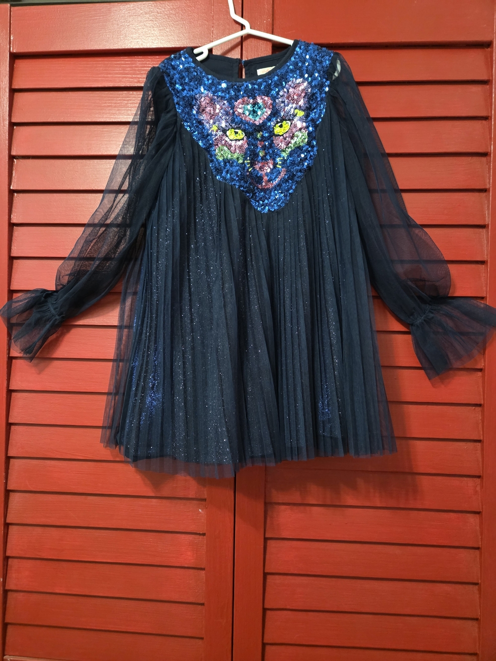 Billieblush Navy Blue Sequin Tulle Dress with Multicolor Sequin Cat Motif